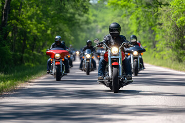 group of motorcyclists ride down a road, with one man in the lead. The scene is lively and energetic, with the riders enjoying the thrill of the ride