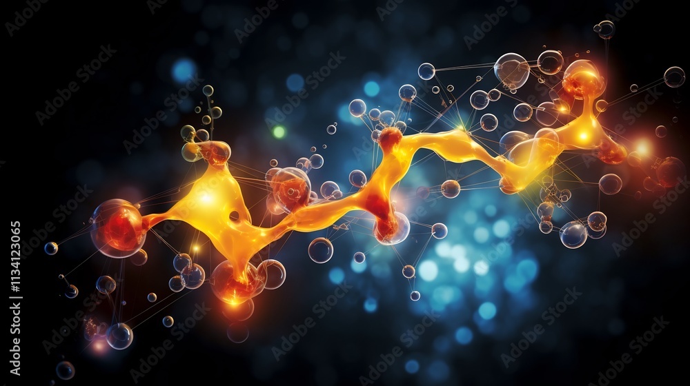 Poster visualizing the dynamic interplay of molecules in a chemical reaction glowing energy transfers and v