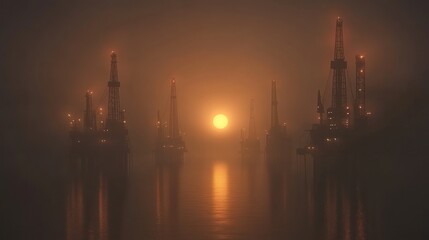 Fototapeta premium Oil rigs in a foggy sunrise over water.