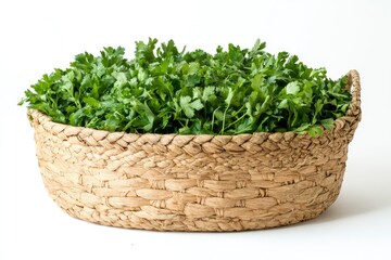 Naklejka premium A woven basket filled with fresh cilantro leaves, ready for culinary use.
