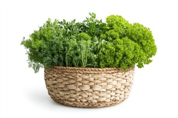 Fototapeta premium A woven basket filled with fresh green herbs, showcasing a variety of textures and colors.