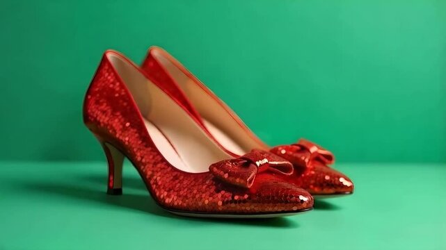 Ruby red wizard of oz style slippers on an emerald green background 