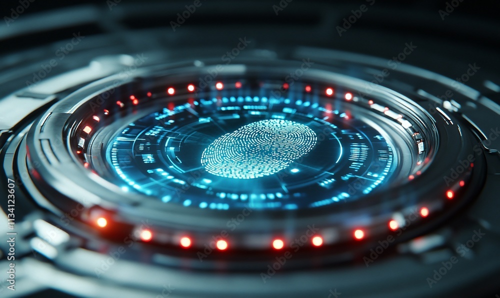 Poster Futuristic interface displaying a fingerprint scan with glowing elements.