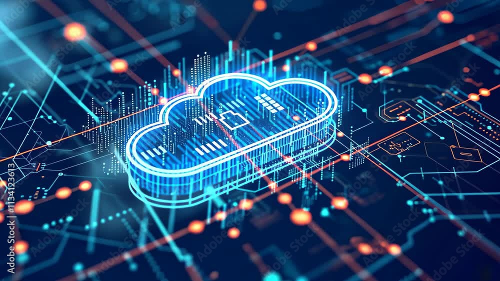 Poster a blue cloud hovers in the foreground while a circuit board is visible in the background, a visual r