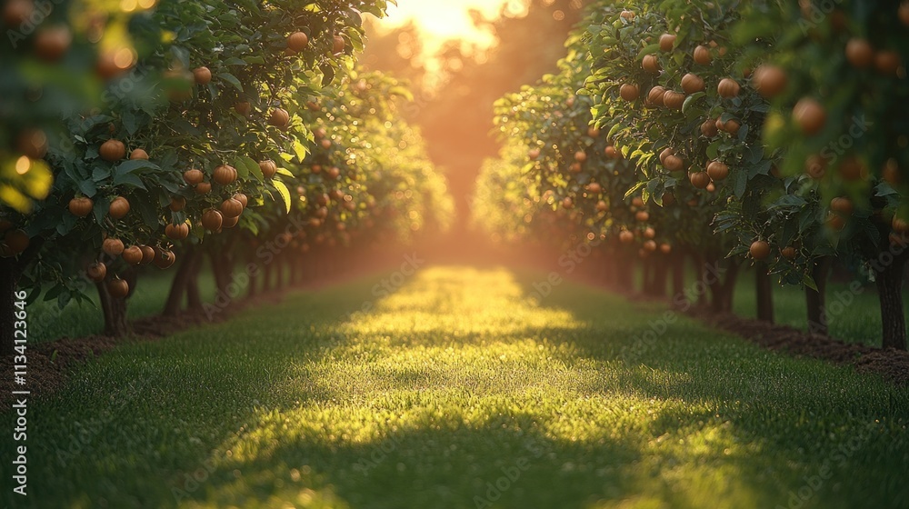 Aufkleber sunlit orchard path with rows of fruit trees laden with ripe oranges at sunset.