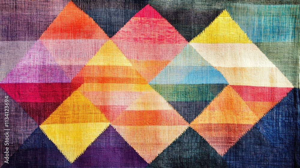 Poster a brightly colored woven tapestry with geometric patterns, capturing the unique texture and depth of