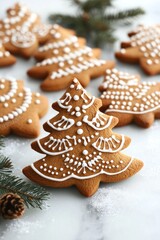 Fototapeta premium Decorative gingerbread cookies shaped like Christmas trees with icing details.