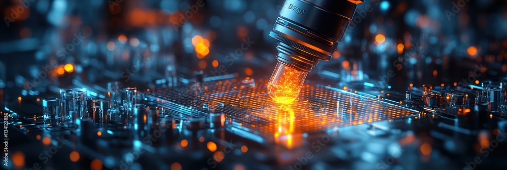 Poster a close-up of a microchip with a glowing liquid being applied, showcasing technology and innovation.