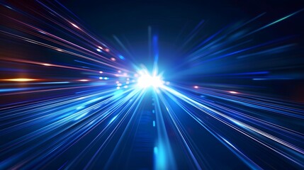 Abstract blue and white light streaks radiating out from a bright white point of light in the center of the image on a dark blue background.