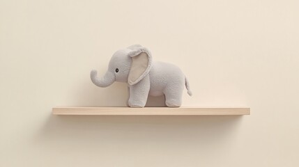 A plush gray elephant toy, placed neatly on a minimalist floating shelf with a pale beige background