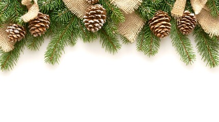Festive Christmas border with pine cones, fir branches, and burlap ribbon on white.