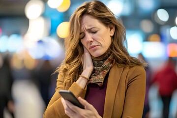 Middle-aged woman is standing in a bustling city area, displaying signs of pain while holding her phone and texting. The lively backdrop features blurred lights. Text neck syndrome