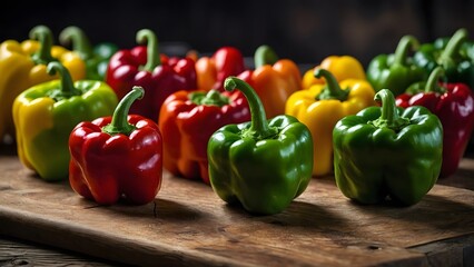 Colorful Bell Peppers Arranged Neatly on a Wooden Surface in a Rustic Kitchen Setting