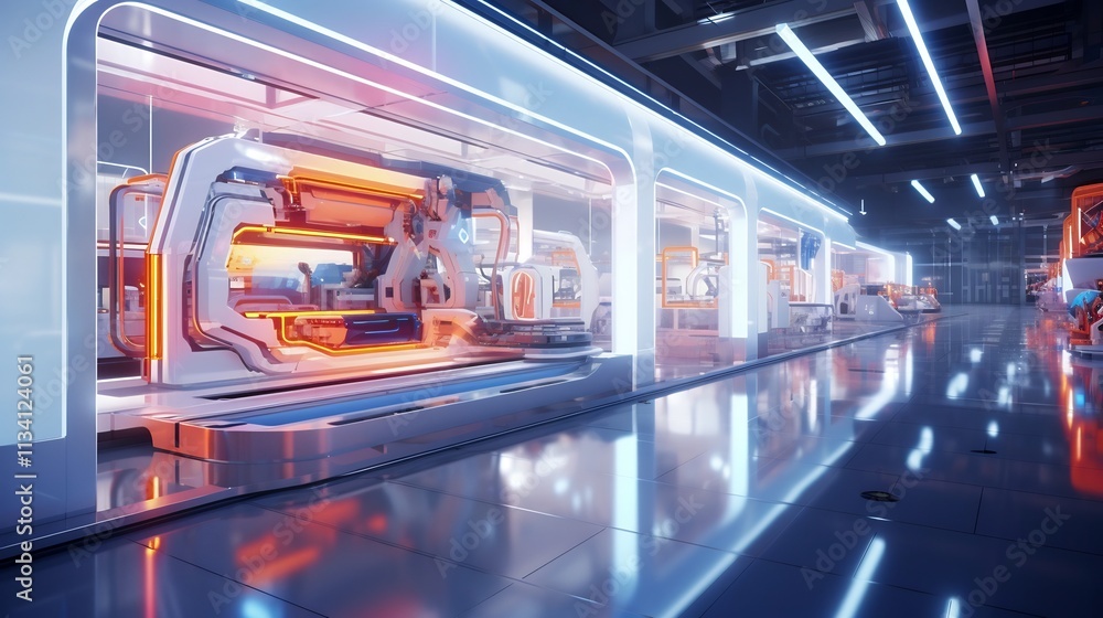 Poster futuristic smart manufacturing facility with holographic control interfaces and automated processes 
