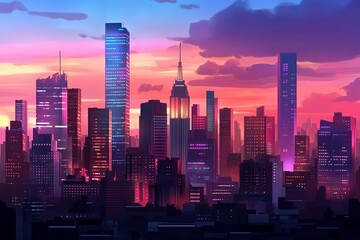 Fototapeta premium A bustling city skyline at sunset with skyscrapers glowing orange and purple.