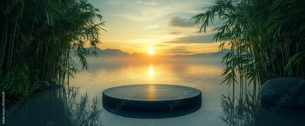 Poster serene lakeside view at sunset with bamboo and a circular platform.