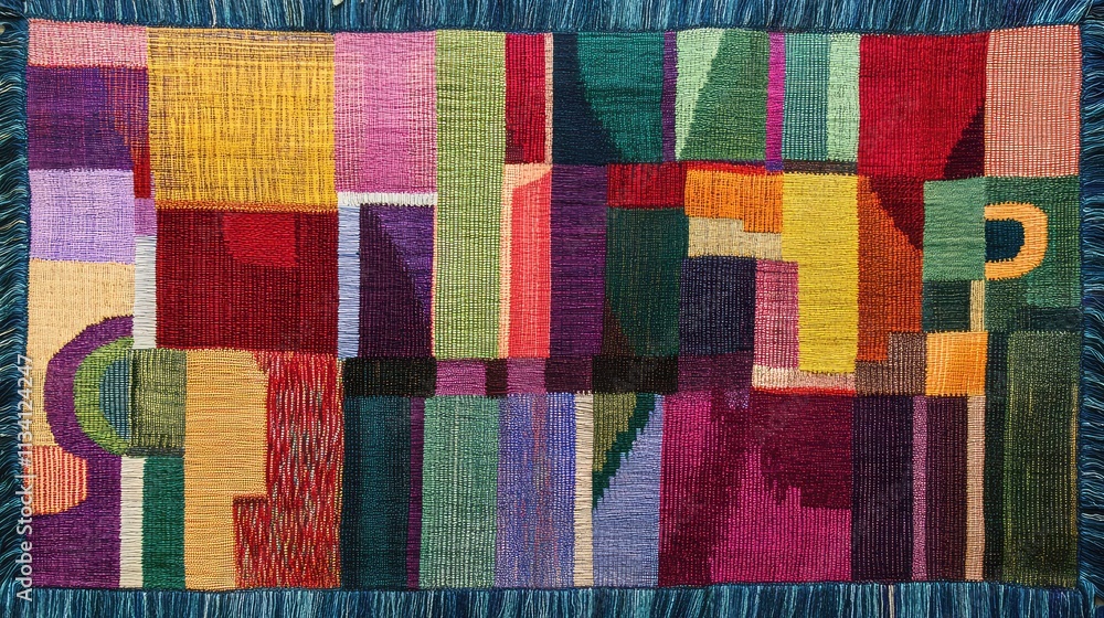 Poster a brightly colored woven tapestry with geometric patterns, capturing the unique texture and depth of