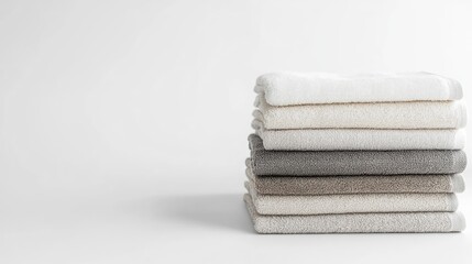 A neatly stacked arrangement of soft towels in neutral colors.