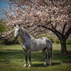 Fototapeta premium A dappled gray horse standing beneath a cherry blossom tree in full bloom.