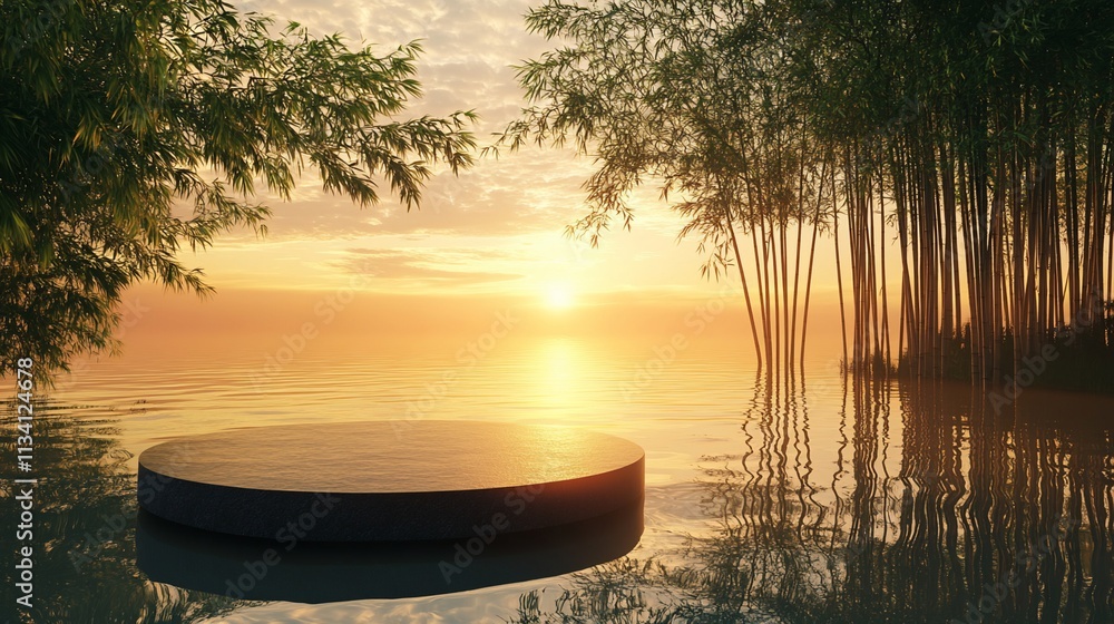 Poster serene sunset over water with a circular platform and bamboo in the background.