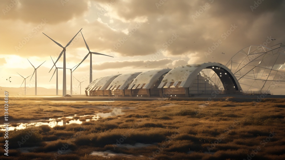 Poster renewable powered smart factory optimizing industrial production with advanced automation and eco fr