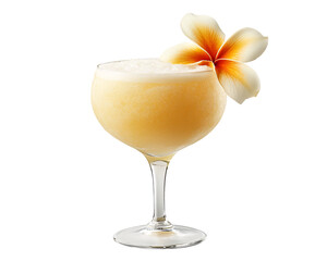 a glass with a drink and a flower