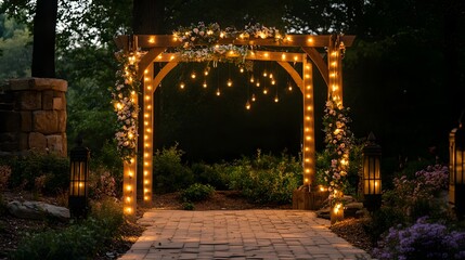 Obraz premium A beautifully decorated wedding arch with soft lighting accents, creating a magical glow that enhances the romantic atmosphere of the ceremony backdrop 