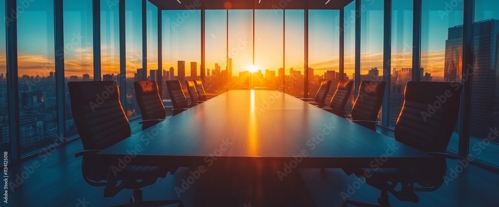 Poster sunset view from a modern conference room with a long table and chairs.