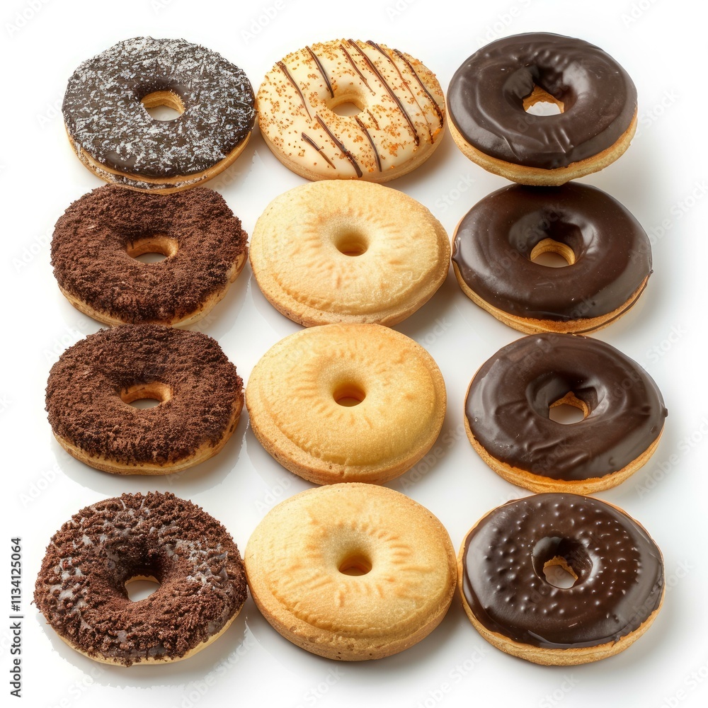 Poster assorted donuts with chocolate and vanilla flavors creating a perfect grid on a white background, of