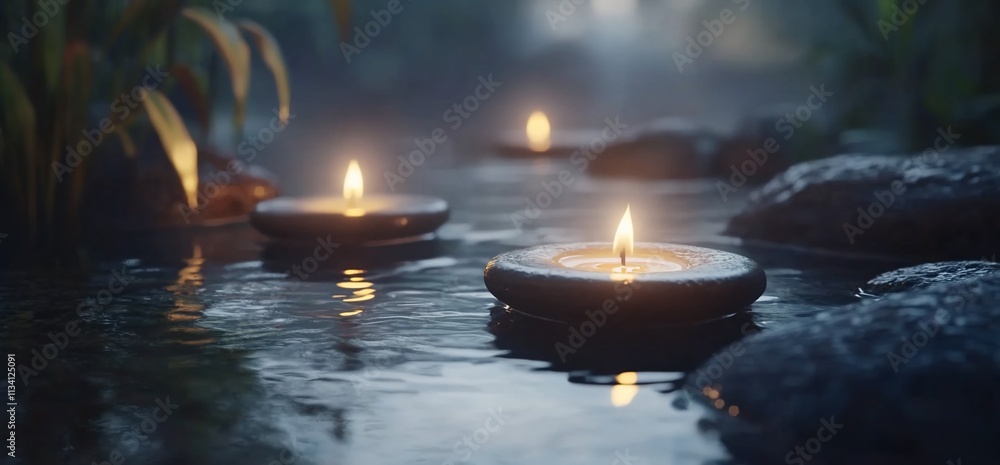 Aufkleber tranquil scene with floating candles in a serene water setting.