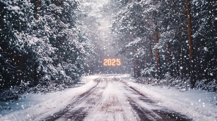 A,snow-covered,forest,road,under,softly,falling,snow,surrounded,pines,with,2025,glowing,faintly,