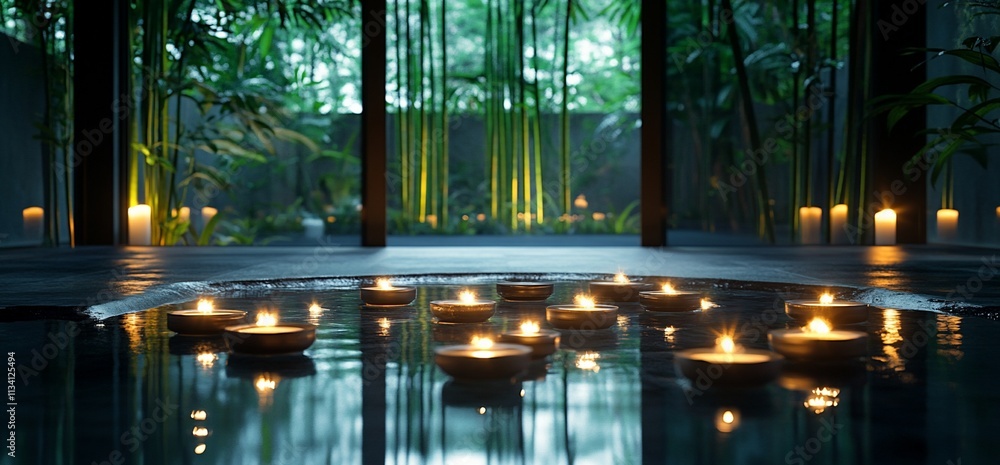 Poster Tranquil spa setting with floating candles and lush bamboo backdrop.