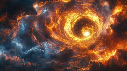 Fiery vortex swirling in dark clouds, cosmic fiery swirl, space.