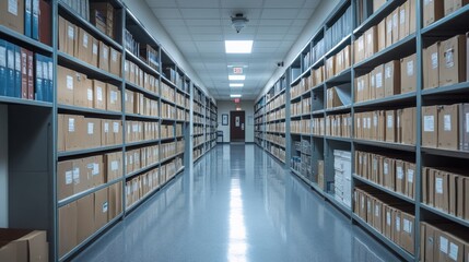 A spacious, climate-controlled hospital record room housing thousands of patient records.
