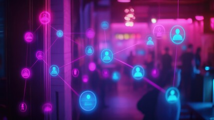Abstract social network concept, vibrant neon lights overlayed on a blurred background of people socializing in a trendy venue.