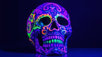 A vibrant sugar skull glowing in the dark, featuring intricate neon purple and green patterns that stand out against a black backdrop 