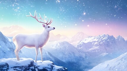 Obraz premium A majestic white deer with perfect antlers, on the mountain and the view of the stars in the beautiful sky