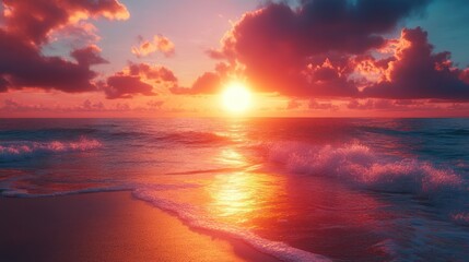 Obraz premium Fiery Sunset Over Ocean Beach