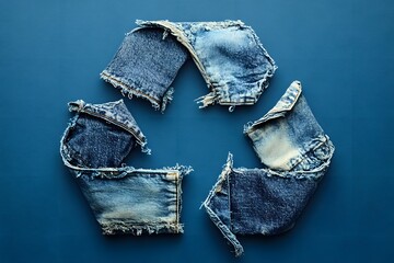 A photograph of an upcycled denim shirt and trousers, worn out but clean, forming the shape of a recycle symbol on a blue background