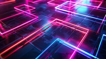 Geometric neon light grid with vibrant pink and purple hues, evoking a futuristic and dynamic design.