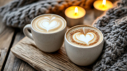Obraz premium Warm coffee cups with heart latte art, cozy ambiance with candles