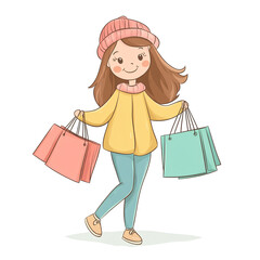 a cartoon of a girl holding shopping bags
