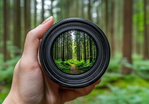 Hand holding lens framing a forest path scene