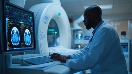 A technician entering results from a CT scan into the patient's health records
