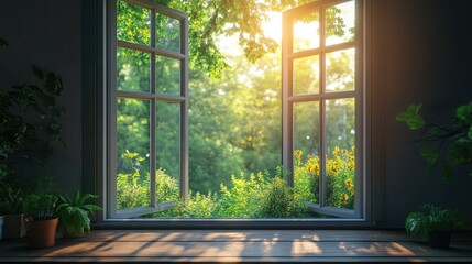 Open window overlooking lush green garden with sunlight streaming in