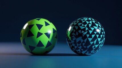 Green and Blue Geometric Spheres on a Blue Background