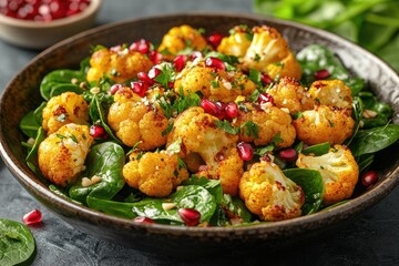 Roasted turmeric cauliflower and pomegranate seeds resting on fresh spinach leaves