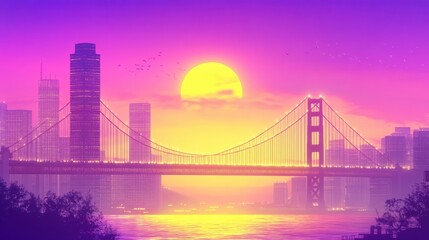 A stunning sunset skyline with a bridge over calm waters.