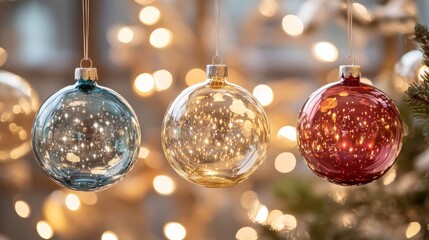 A serene holiday scene with clear and colored glass ornaments glistening under the warm backdrop of festive lights