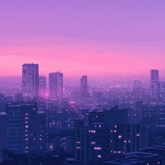 Fototapeta premium A vibrant city skyline at dusk with a pastel-colored sky.